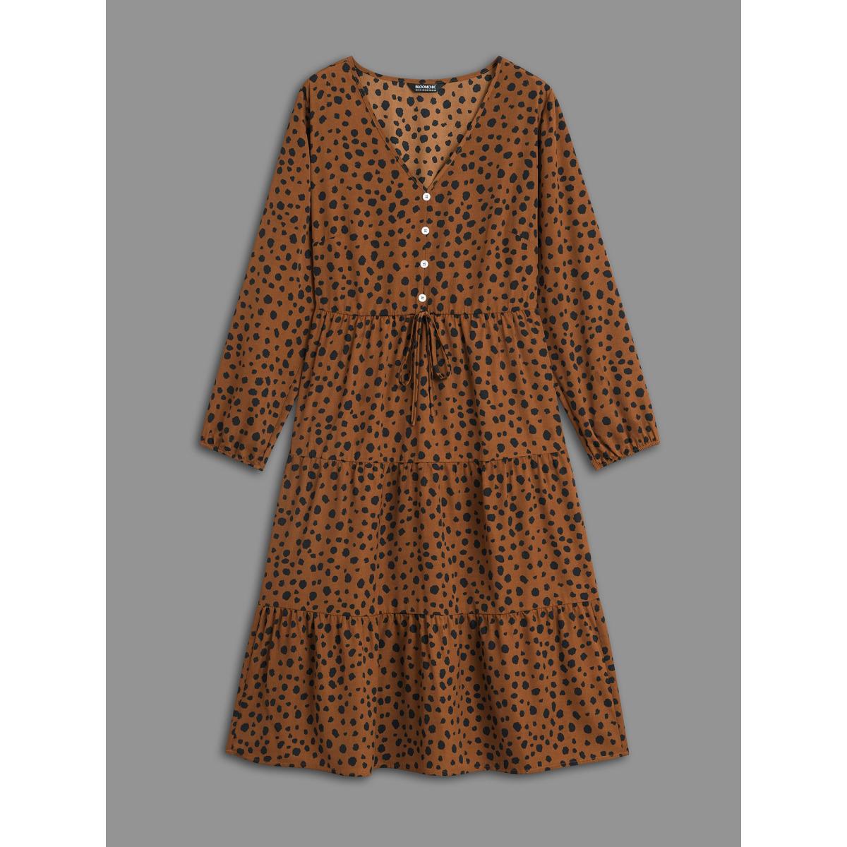 Plus Size Leopard Print Tie Knot Ruffle Layered Hem Dress Browncoffeecolor Women Elegant Tie knot V-neck Long Sleeve Curvy BloomChic 10/M Product Image