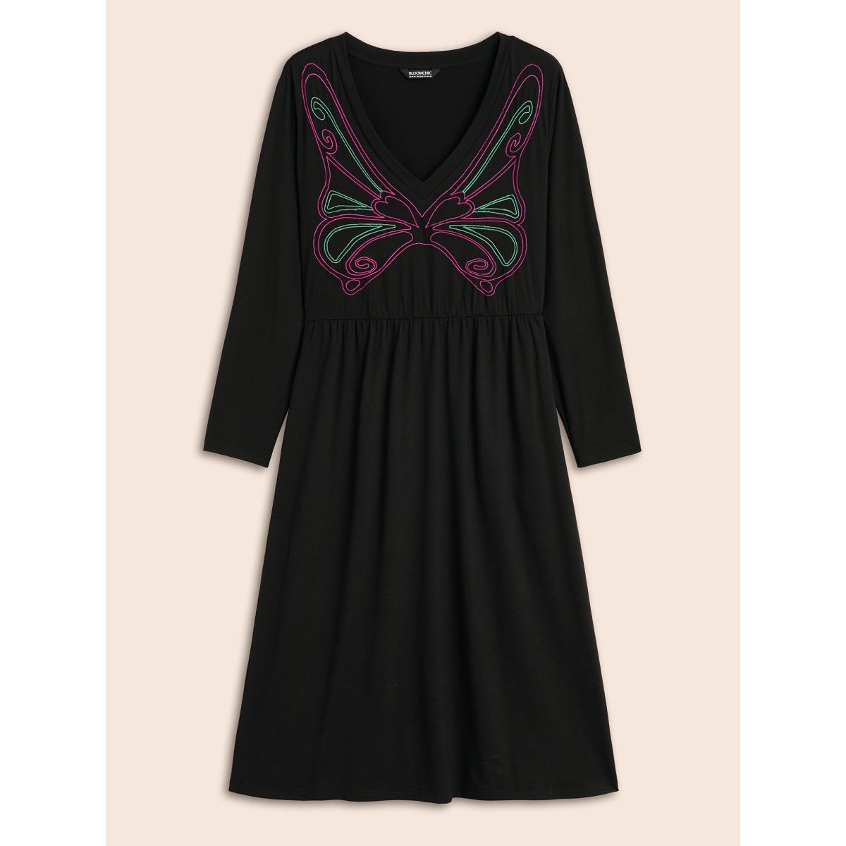Plus Size Butterfly Embroidered V Neck Midi Dress Black Women Elegant Embroidered V-neck Long Sleeve Curvy BloomChic 28/5X Product Image