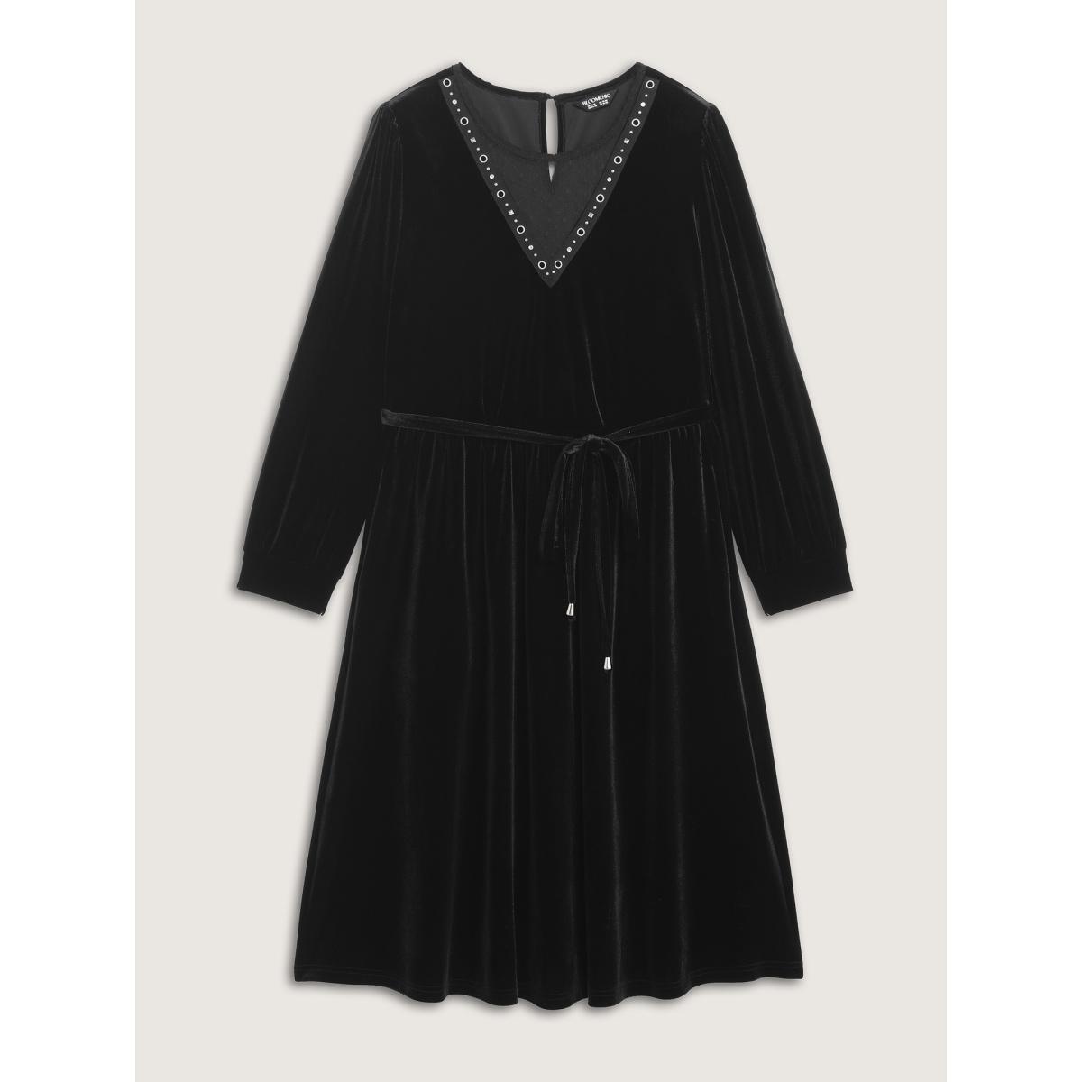 Plus Size Velvet Sheer Neckline Belted Waist Maxi Dress Black Women Boho Woven ribbon&lace trim Round Neck Extra Long Sleeve Curvy BloomChic 14-16/1X Product Image