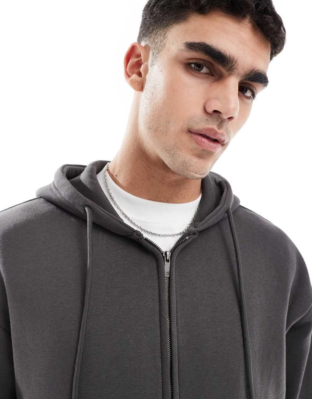 Bershka zip up hoodie in charcoal Product Image