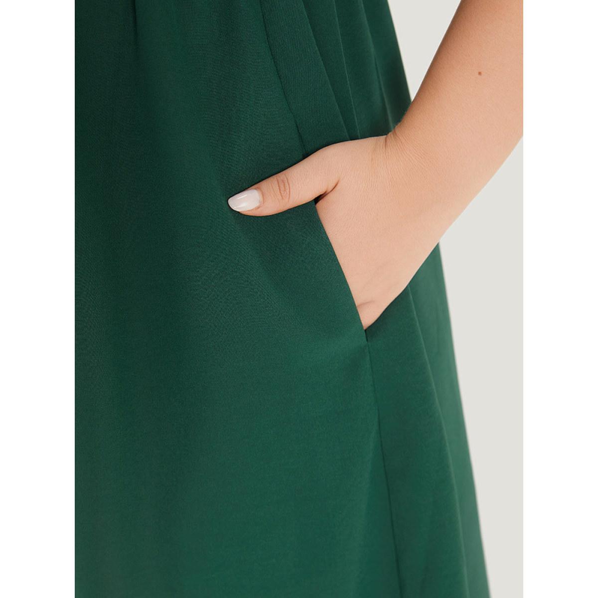 Plus Size Plain Drawstring Pocket Zipper Notched Gathered Tab Sleeve Dress Green Women Office Zipper Notched collar Half Sleeve Curvy Knee Dress BloomChic 18-20/2X Product Image