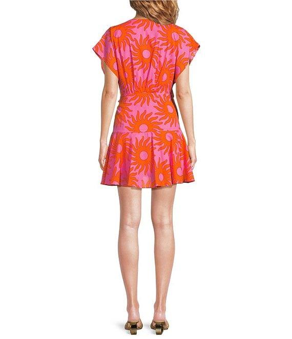 J.Marie Mara Sun Print V-Neck Short Flutter Sleeve Wrap Front Romper Product Image