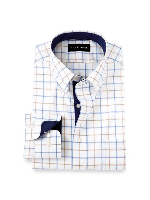 Non-Iron Cotton Check Dress Shirt With Contrast Trim - Blue/tan Product Image