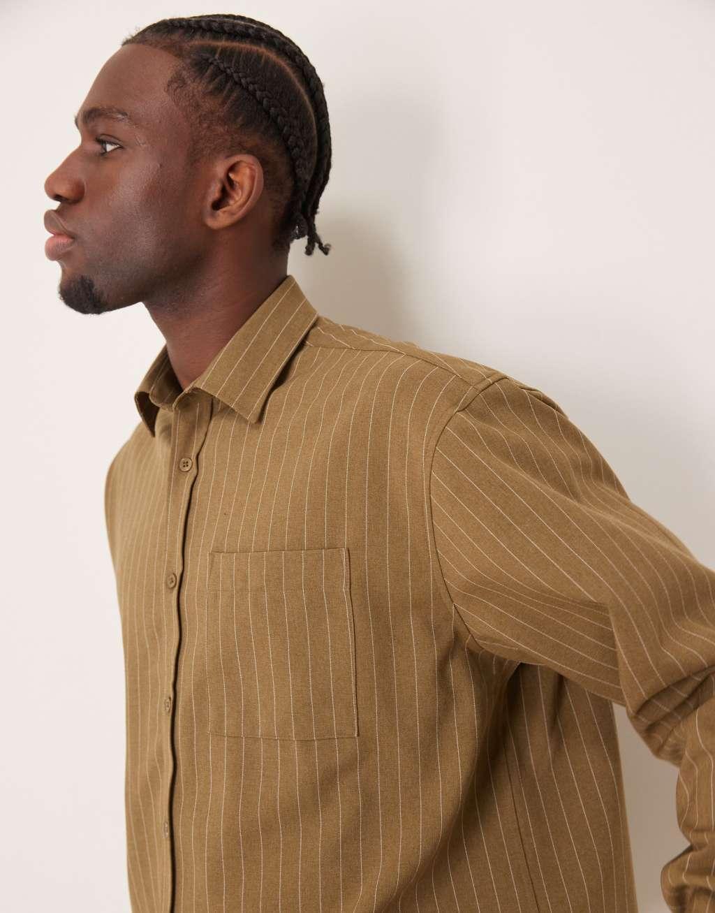 ASOS DESIGN oversized boxy shirt in khaki stripe Product Image