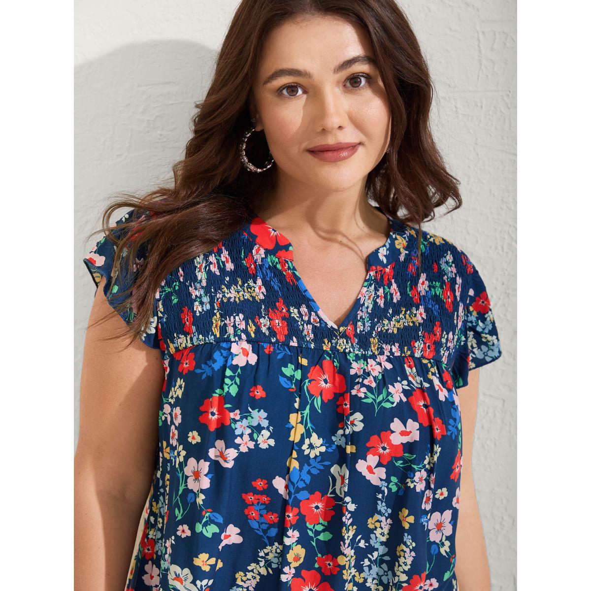 Plus Size DarkBlue Rayon Playful Floral Shirred Blouse Women Cap Sleeve Notched collar Vacation Blouses BloomChic 12/L Product Image