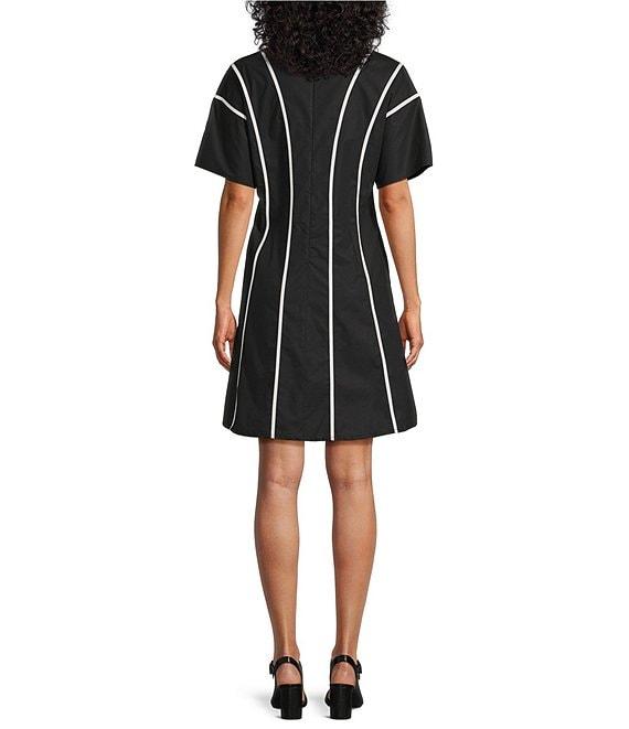 Ming Wang Stretch Cotton V-Neck Elbow Sleeve Fit-And-Flare Contrast Trim Dress Product Image