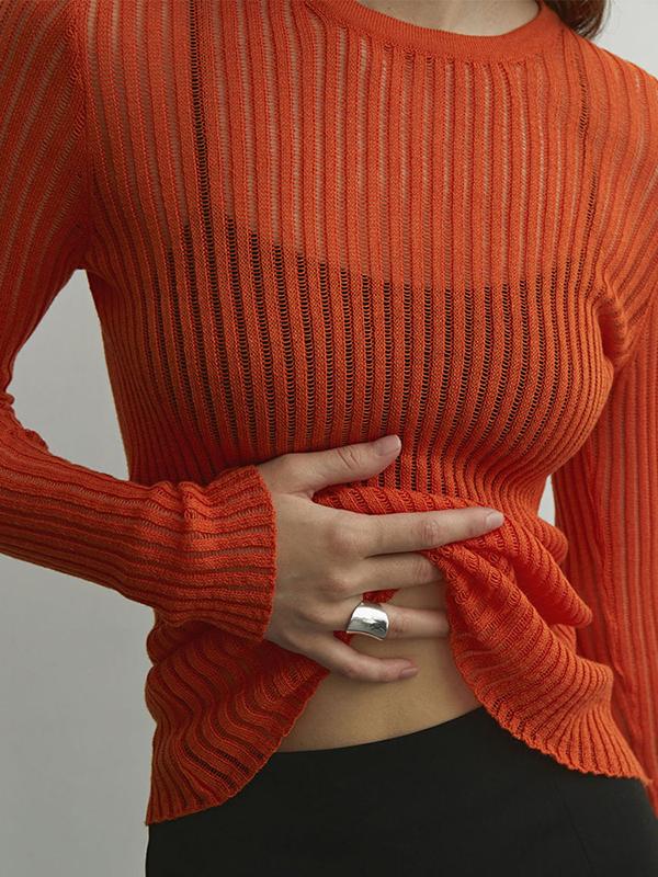 Long Sleeves Skinny See-Through Split-Joint Round-Neck T-Shirts Product Image