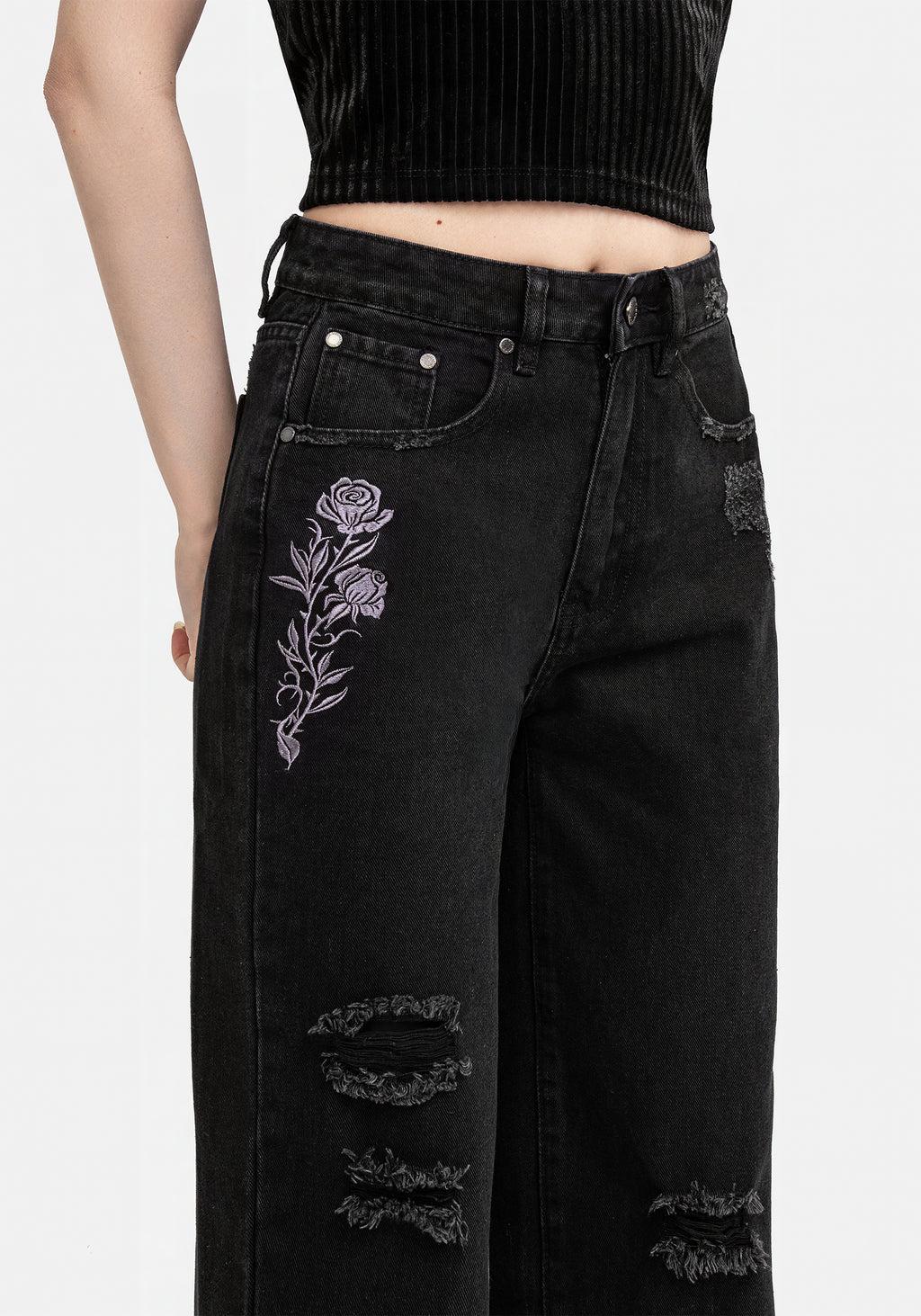 Deadhead Rose Embroidered Distressed Denim Barrel Leg Jeans Product Image