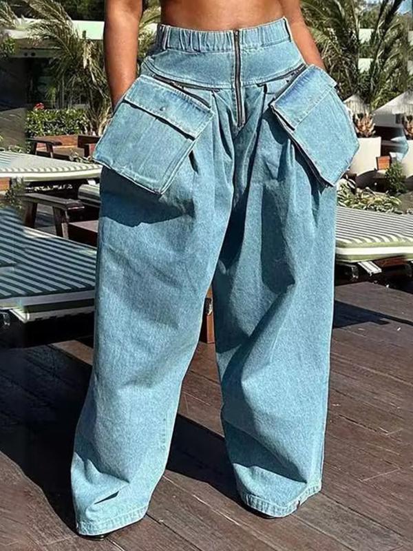 Loose Wide Leg Pleated Pockets Split-Joint Zipper Jean Pants Bottoms Product Image