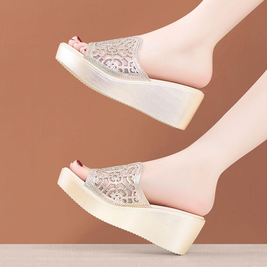 Platform Rhinestone Cutout Slide Sandals Product Image