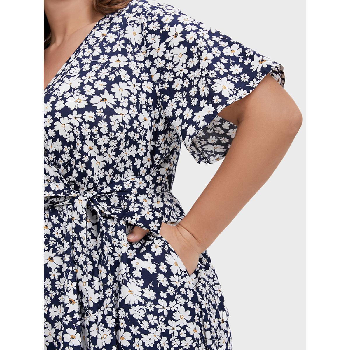 Plus Size Floral Belted Ruffles Split Pocket Wrap Dress DarkBlue Women Elegant Cross straps V-neck Short sleeve Curvy Midi Dress BloomChic 18-20/2X Product Image