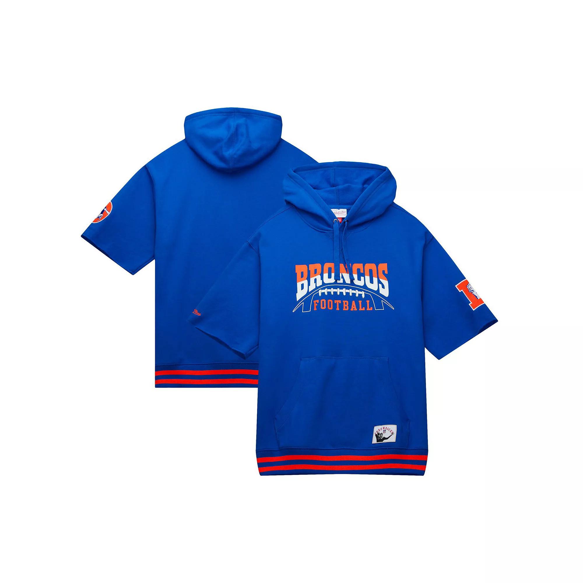 Men's Mitchell & Ness Royal Denver Broncos Pre-Game Short Sleeve Pullover Hoodie, Size: 2XL, Blue Product Image