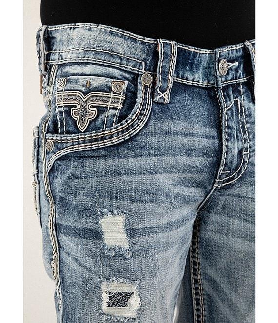 Rock Revival Emiliano Fleur-de-Lis Straight Leg Distressed Jeans Product Image