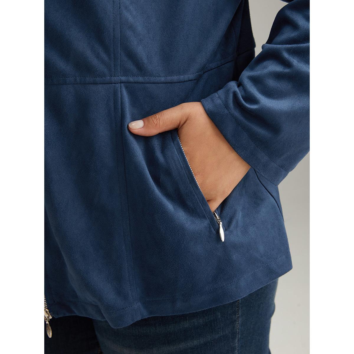 Plus Size Solid Pocket Zipper Jacket Women Indigo Plain Pocket Dailywear Jackets BloomChic 12/L Product Image