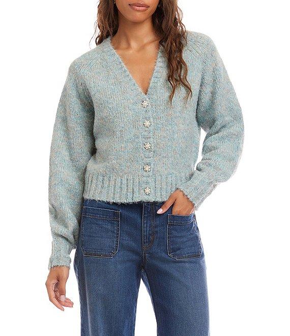 Karen Kane Wool Blend V-Neck Long Sleeve Pearl Button Front Cardigan Sweater Product Image