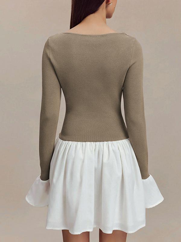 A-Line Flared Sleeves Contrast Color Pleated Split-Joint Round-Neck Mini Dresses Product Image
