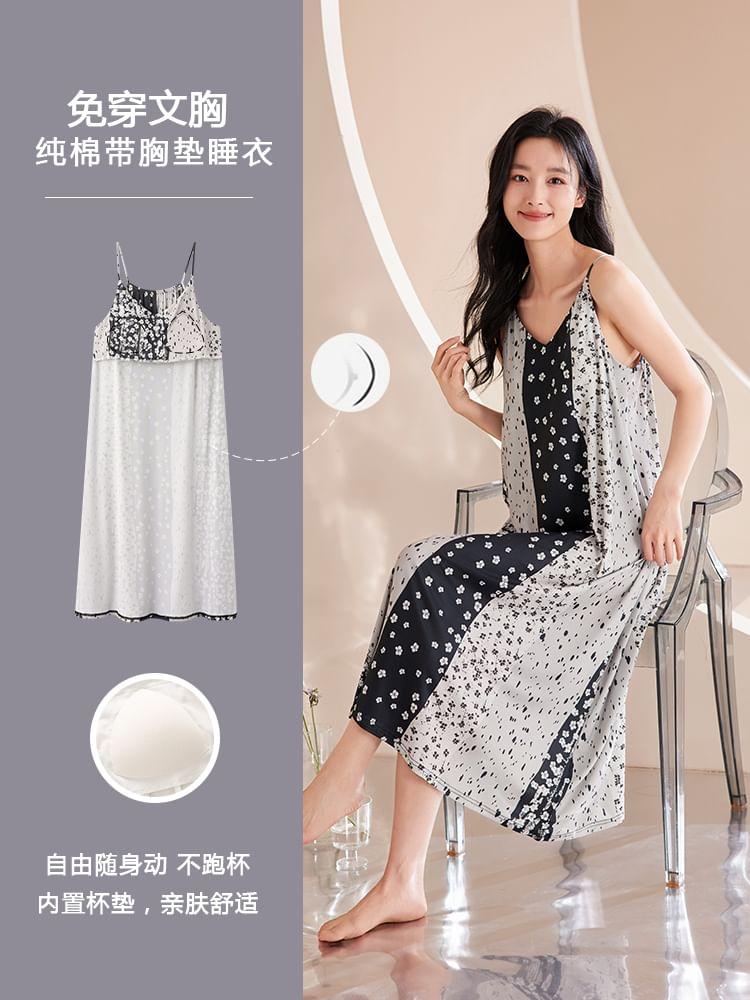 Spaghetti Strap Padded Printed Panel Midi Pajama Dress Product Image