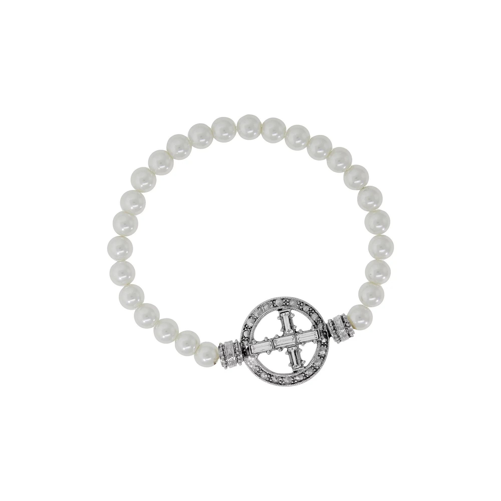 Symbols of Faith Gold Tone Crystal Cross Faux Pearl Stretch Bracelet, Women's, Silver Tone White Product Image