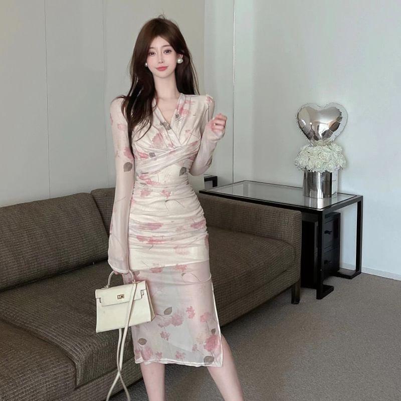 Long Sleeve V-Neck Floral Print Ruched Slit Mesh Midi Sheath Dress Product Image