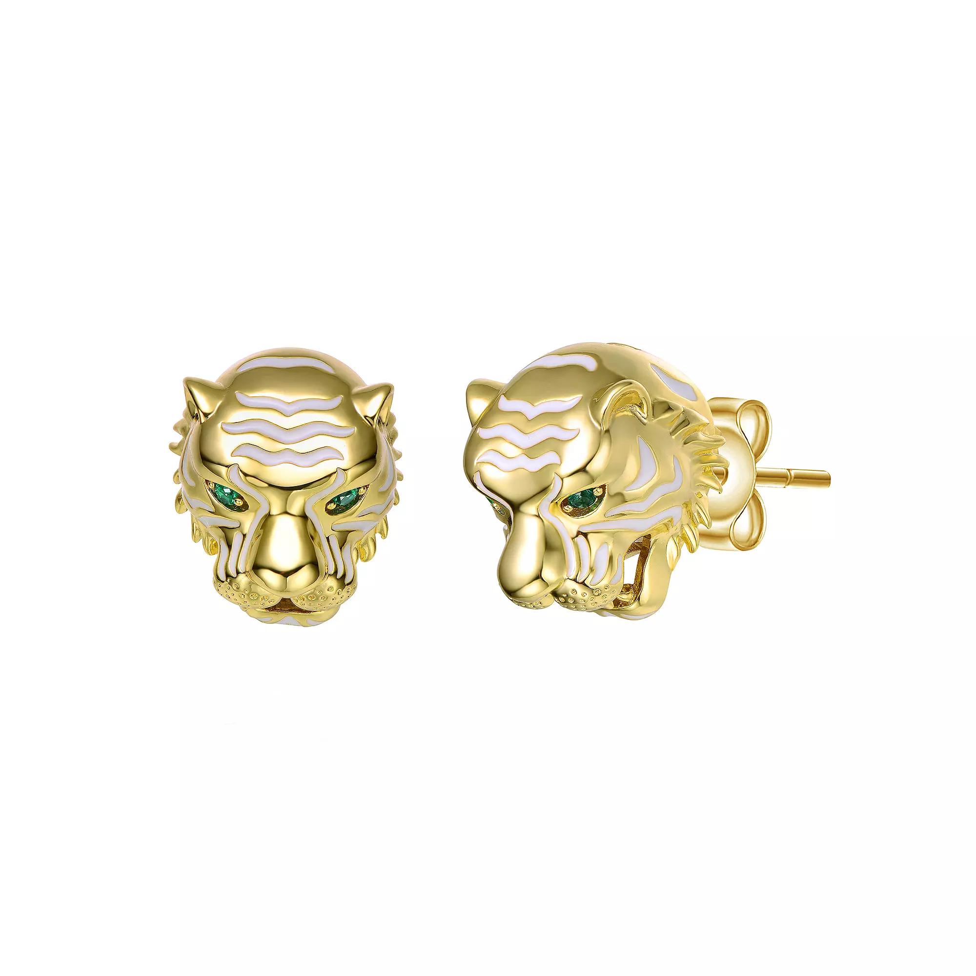 14k Gold Plated Green Cubic Zirconia White Enamel Tiger Head Stud Earrings, Womens, Gold Tone Product Image