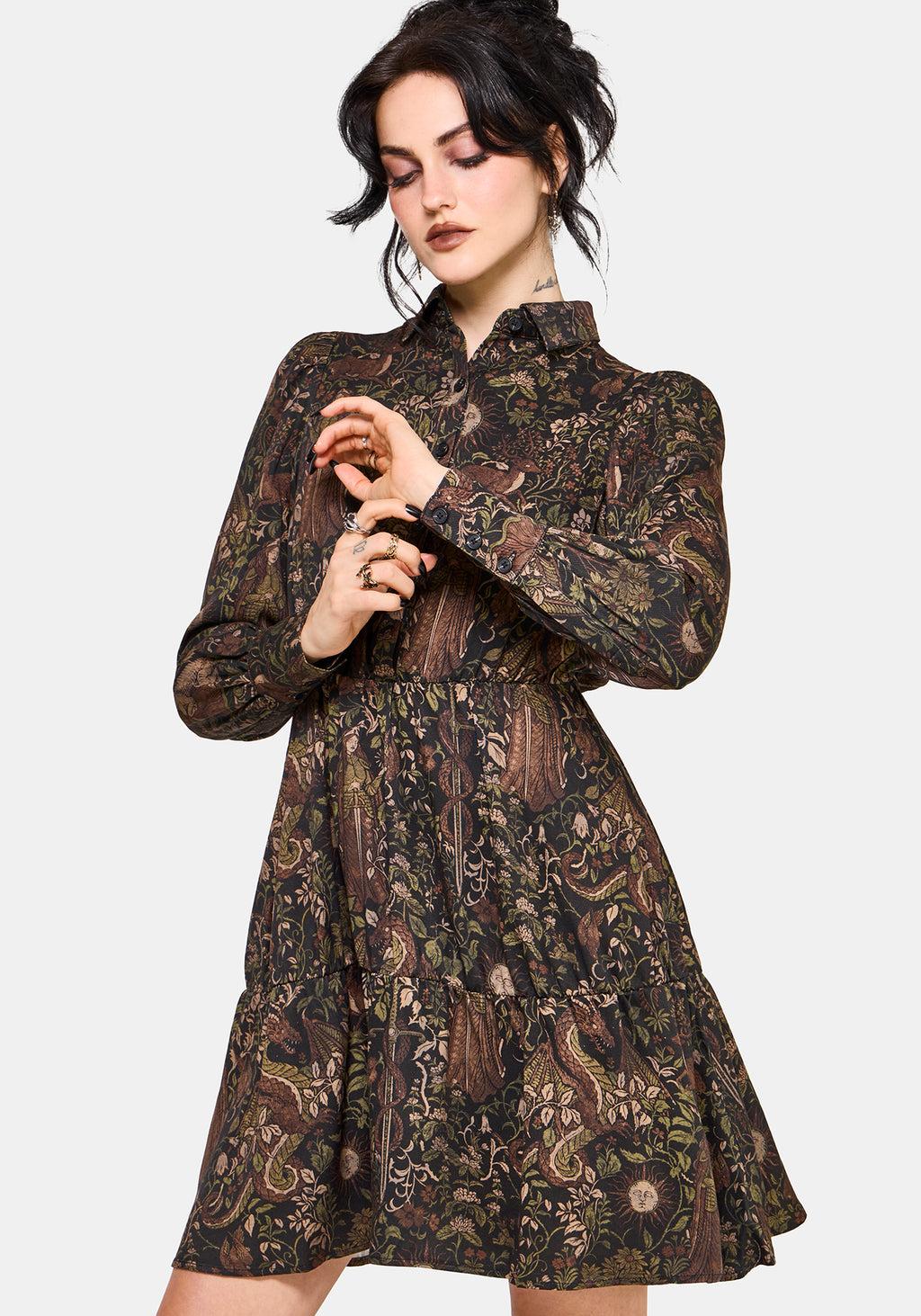 Haunt Medieval Print Wrap Midi Shirt Dress Product Image