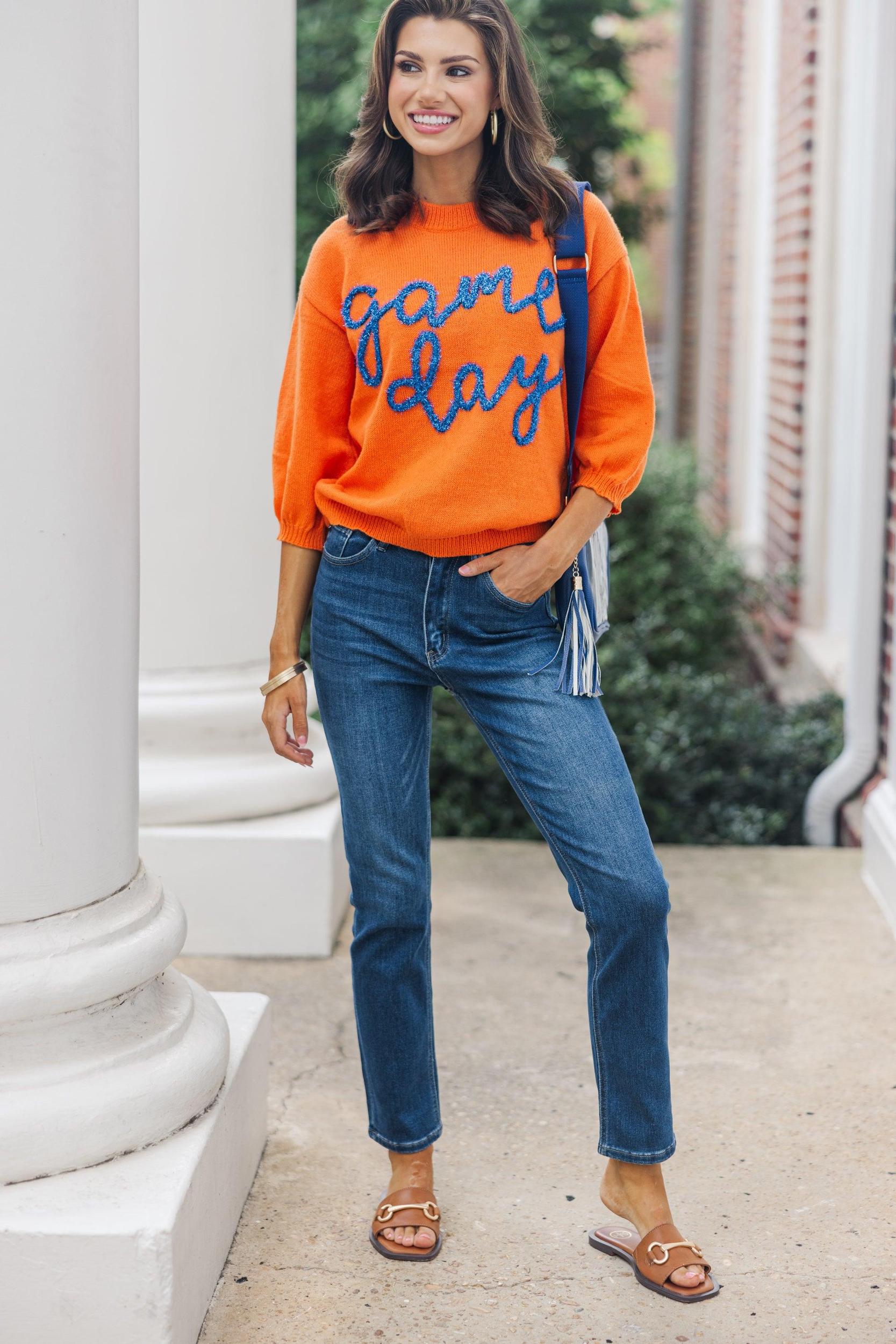 It's Game Day Orange/Blue Puff Sleeve Sweater Female Product Image