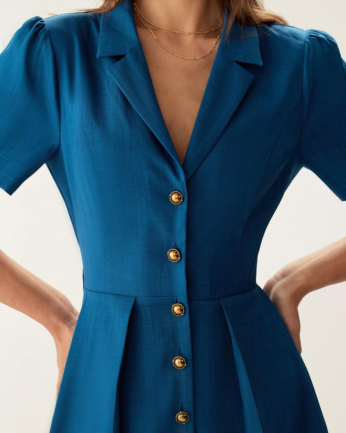 Blue Puffed Sleeve Button Mini Dress Product Image