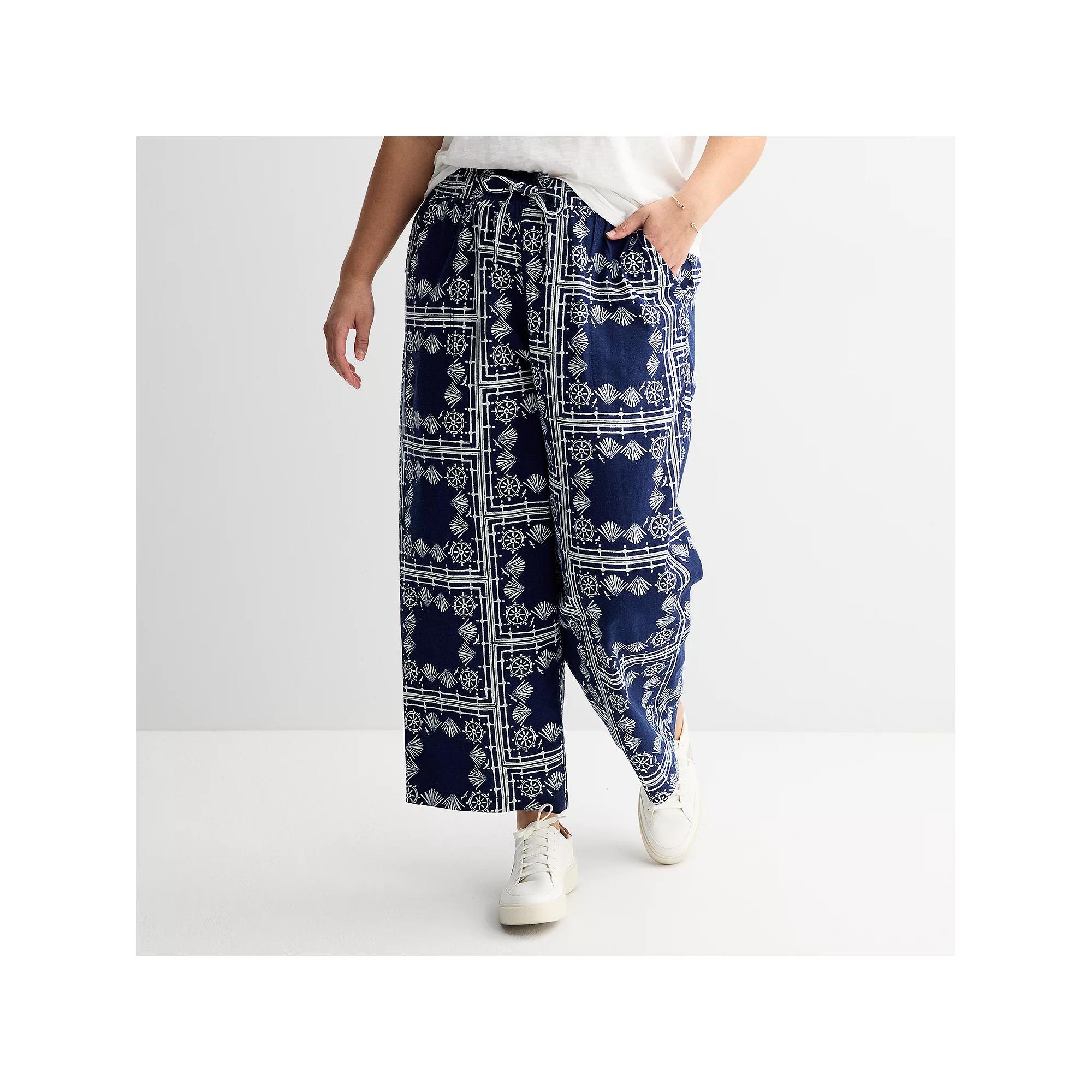 Plus Size Sonoma Goods For Life® Linen Wide Leg Ankle Pants, Women's, Size: 1XL, Blue Nautical Print Product Image
