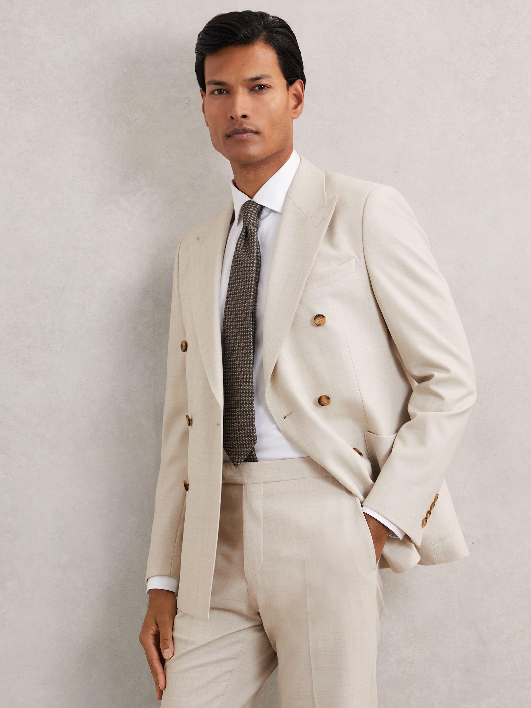 Double-Breasted Textured Suit Blazer Slim-Fit With Wool in Stone Product Image