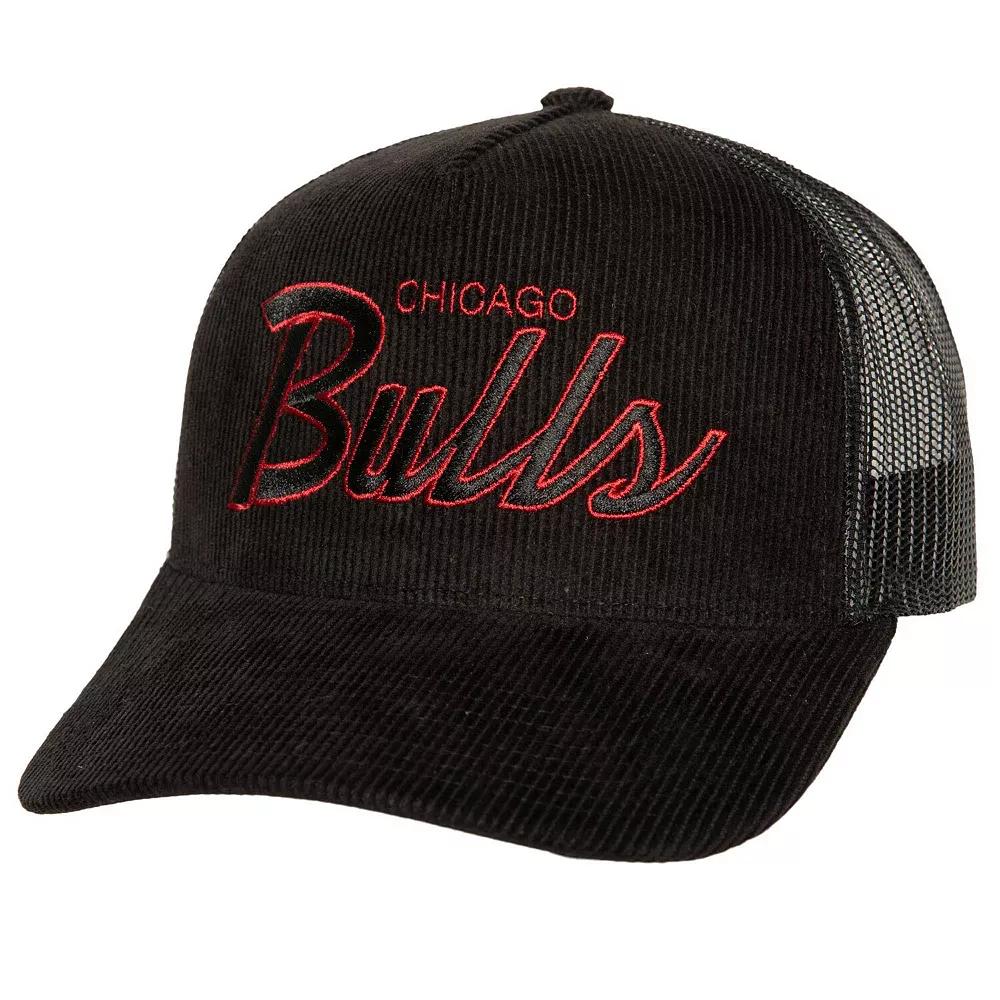 Men's Mitchell & Ness Black Chicago Bulls Times Up Classic Script Cord Trucker Hat Product Image