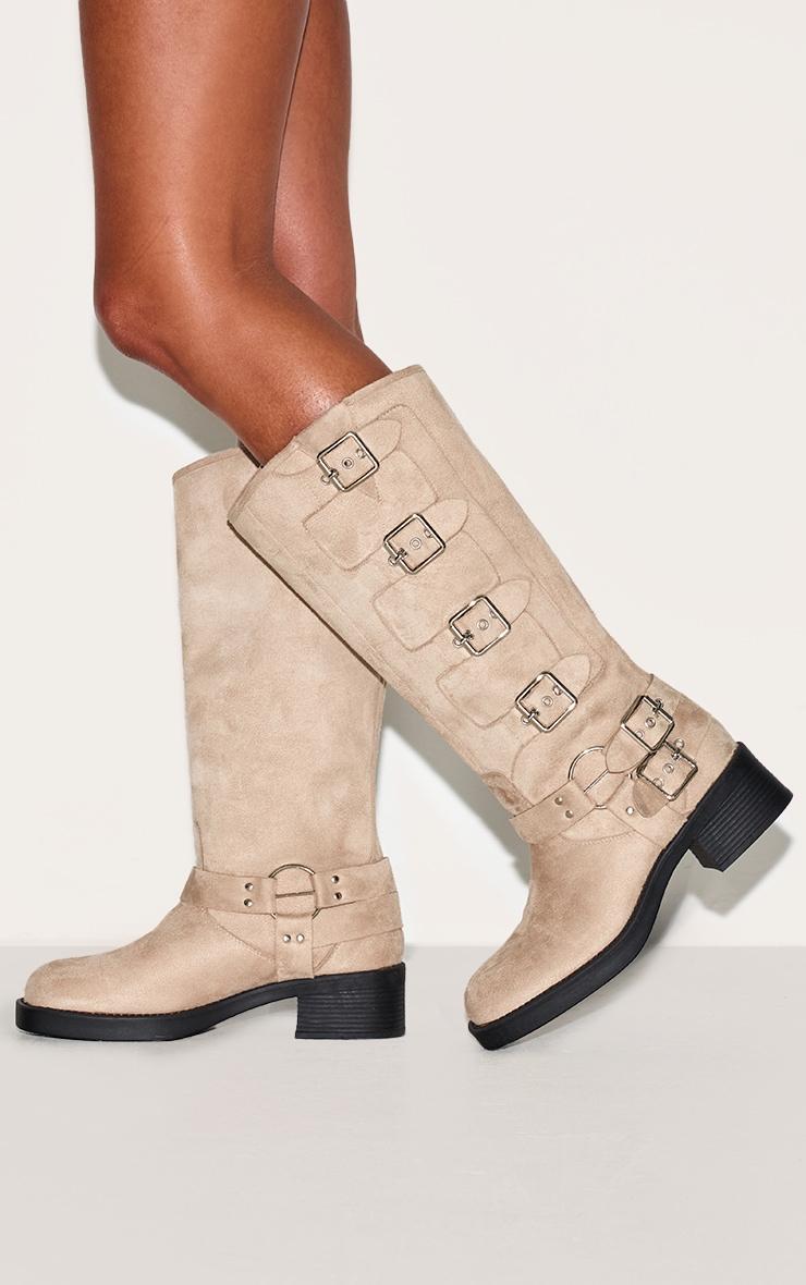 Cream Faux Suede Round Toe Multi Buckle Harness Knee High Boots Product Image
