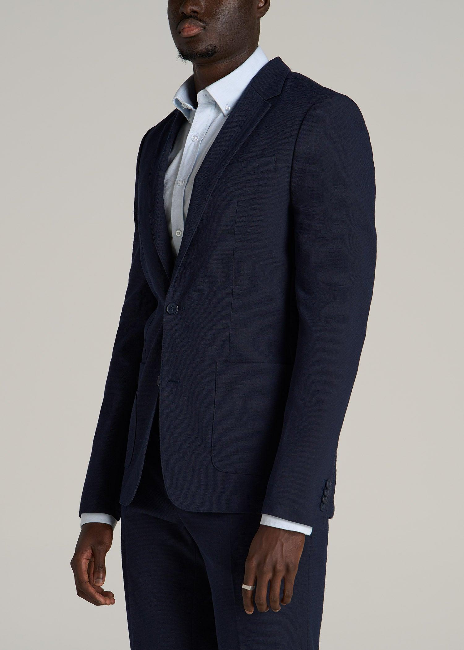 Textured Garment Washed Stretch Cotton Blazer for Tall Men in Evening Blue Male Product Image