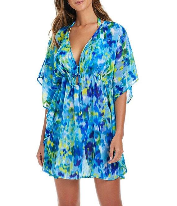Bleu Rod Beattie Life's A Beach Printed Chiffon V-Neck Flutter Sleeves Caftan Swim Cover-Up Product Image