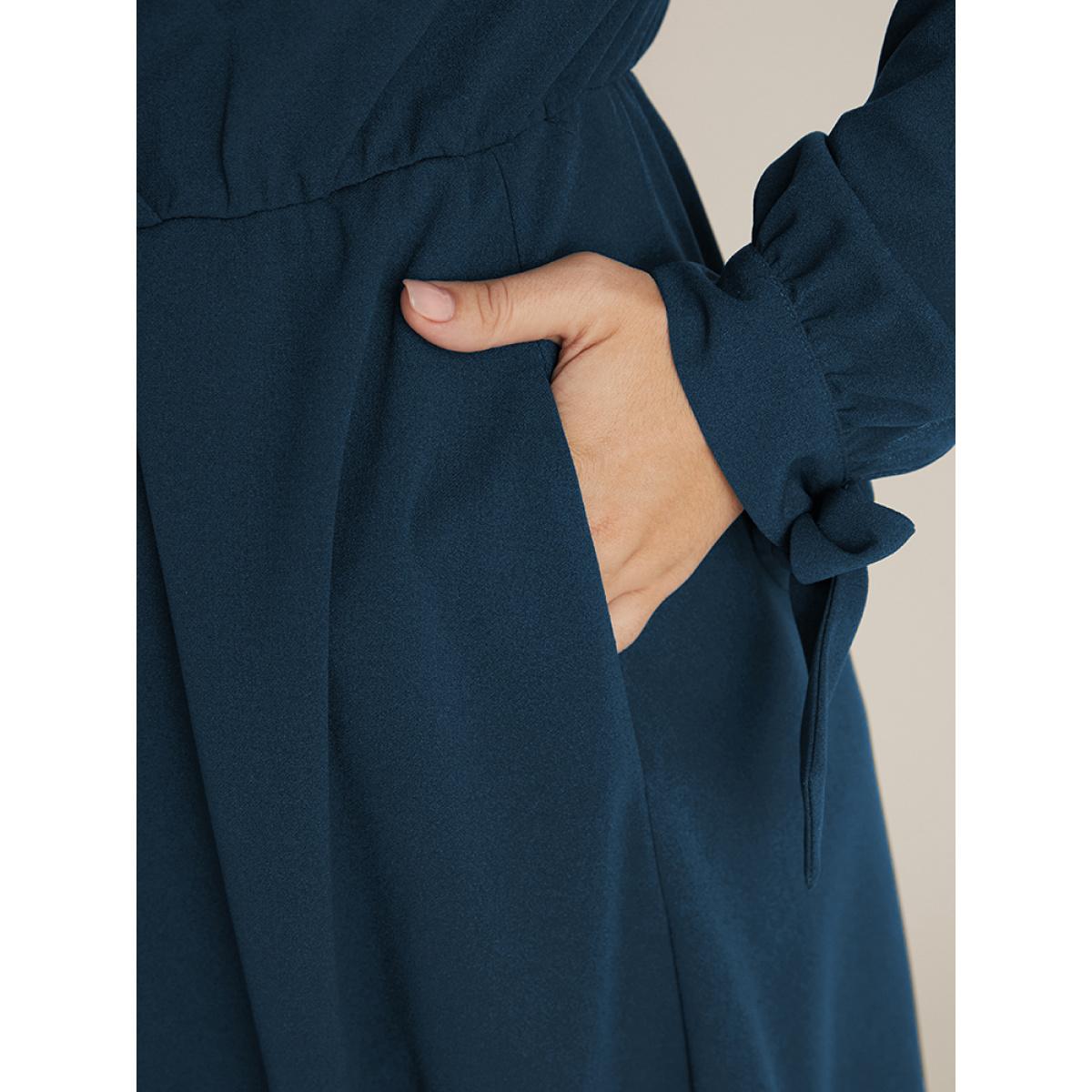 Plus Size Solid Knotted Sleeve Pocket Wrap Ruffle Asymmetrical Hem Dress Aegean Women Office Plain V-neck Long Sleeve Curvy Midi Dress BloomChic 14-16/1X Product Image