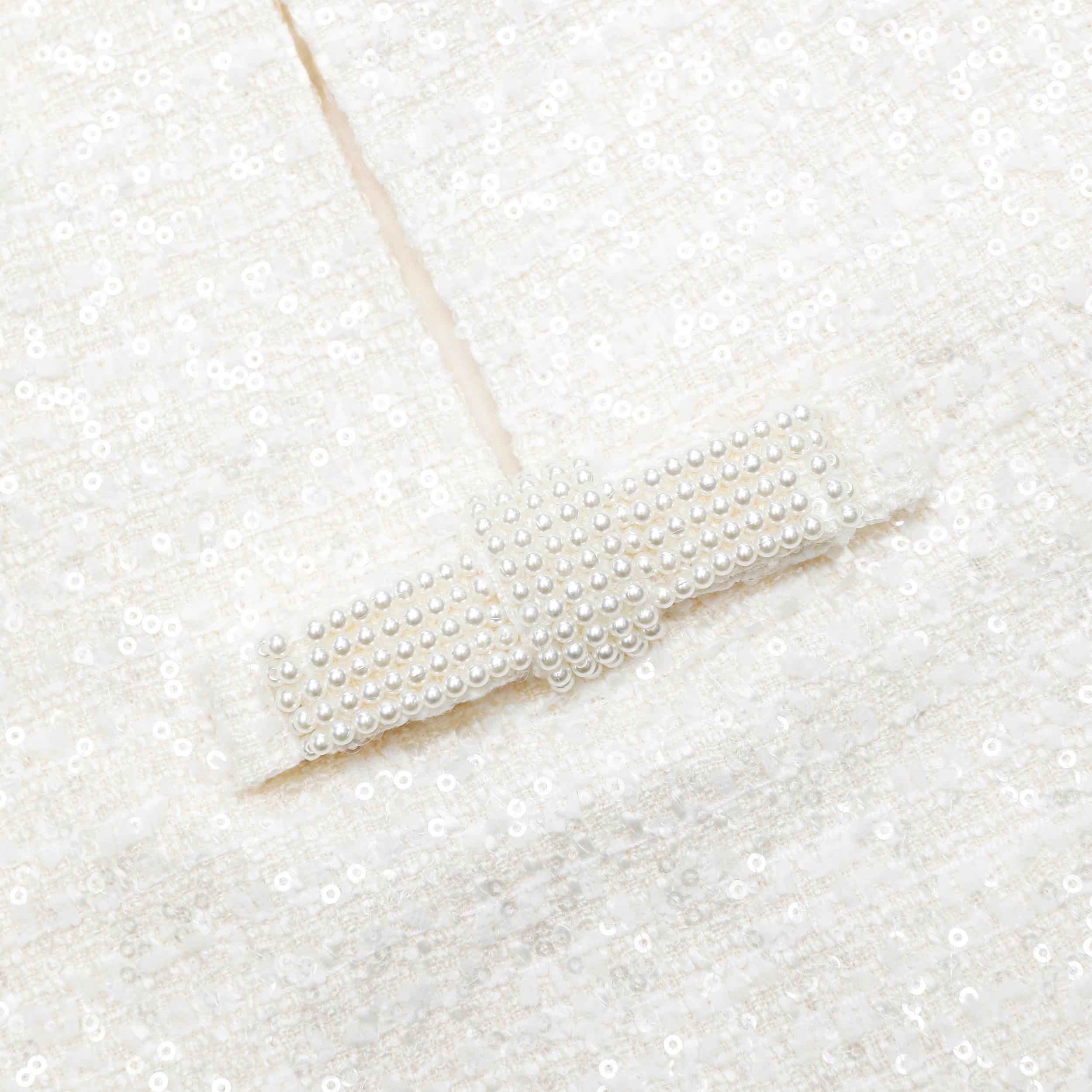 Cream Boucle Diamante Bow Mini Dress Product Image