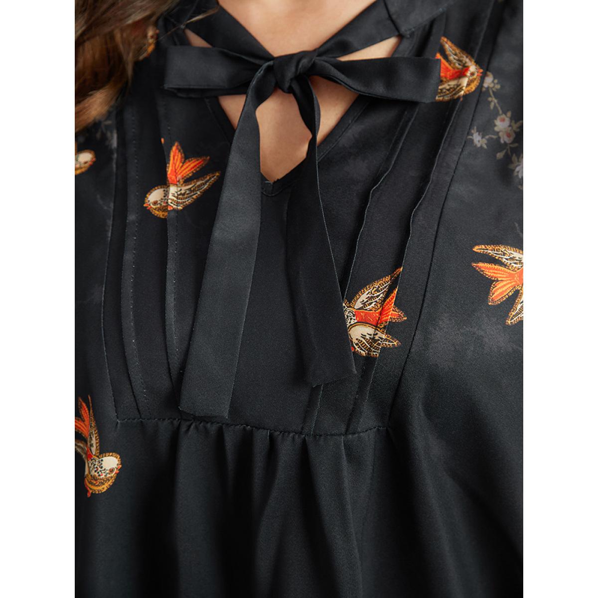 Plus Size Black Boho Print Ties Lantern Sleeve Blouse Women Elegant Long Sleeve Tie Neck Dailywear Blouses BloomChic 28/5X Product Image