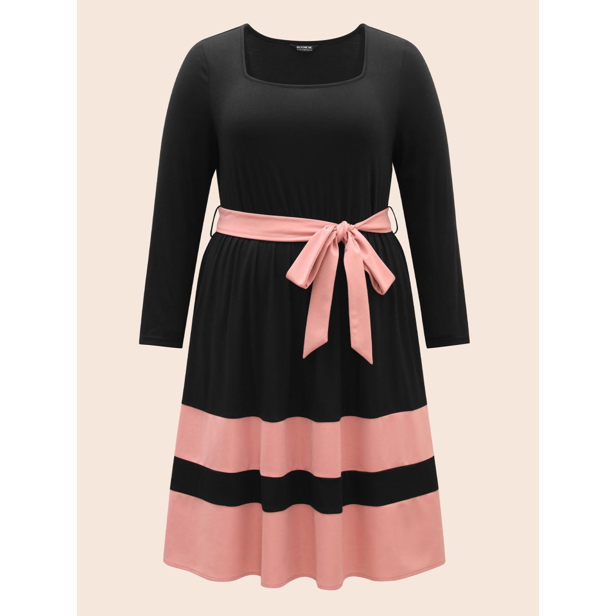 Plus Size Two Tone Belted Bowknot Square Neck Dress Black Women Timeless Non Square Neck Long Sleeve Curvy Knee Dress BloomChic 12/L Product Image