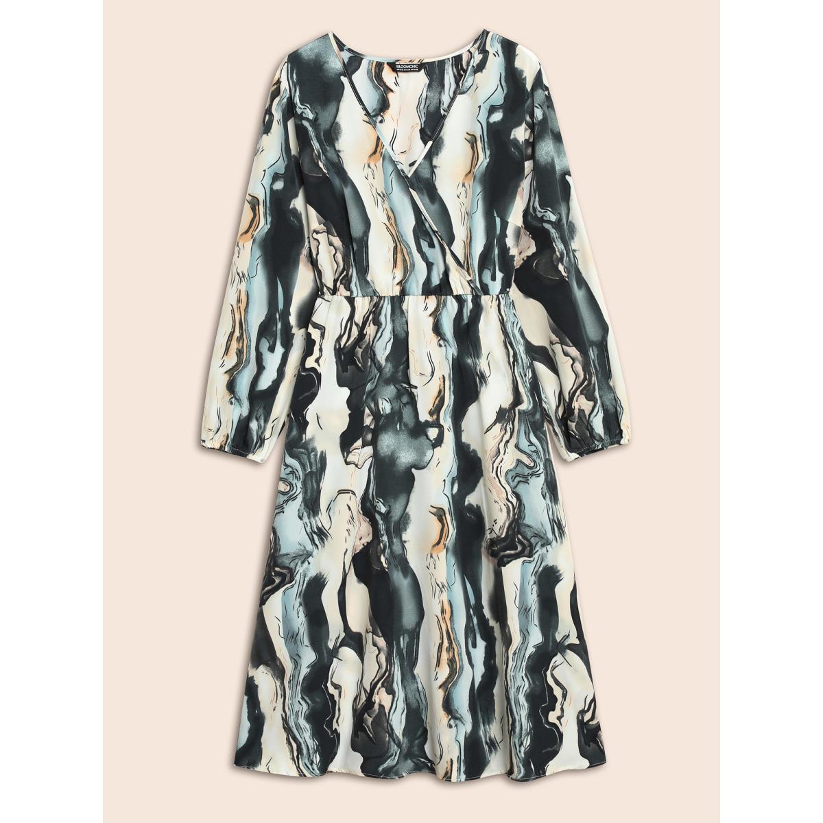 Plus Size Watercolor Floral Overlap Collar Midi Dress Aegean Women Elegant Gathered Overlap Collar Long Sleeve Curvy BloomChic 28/5X Product Image