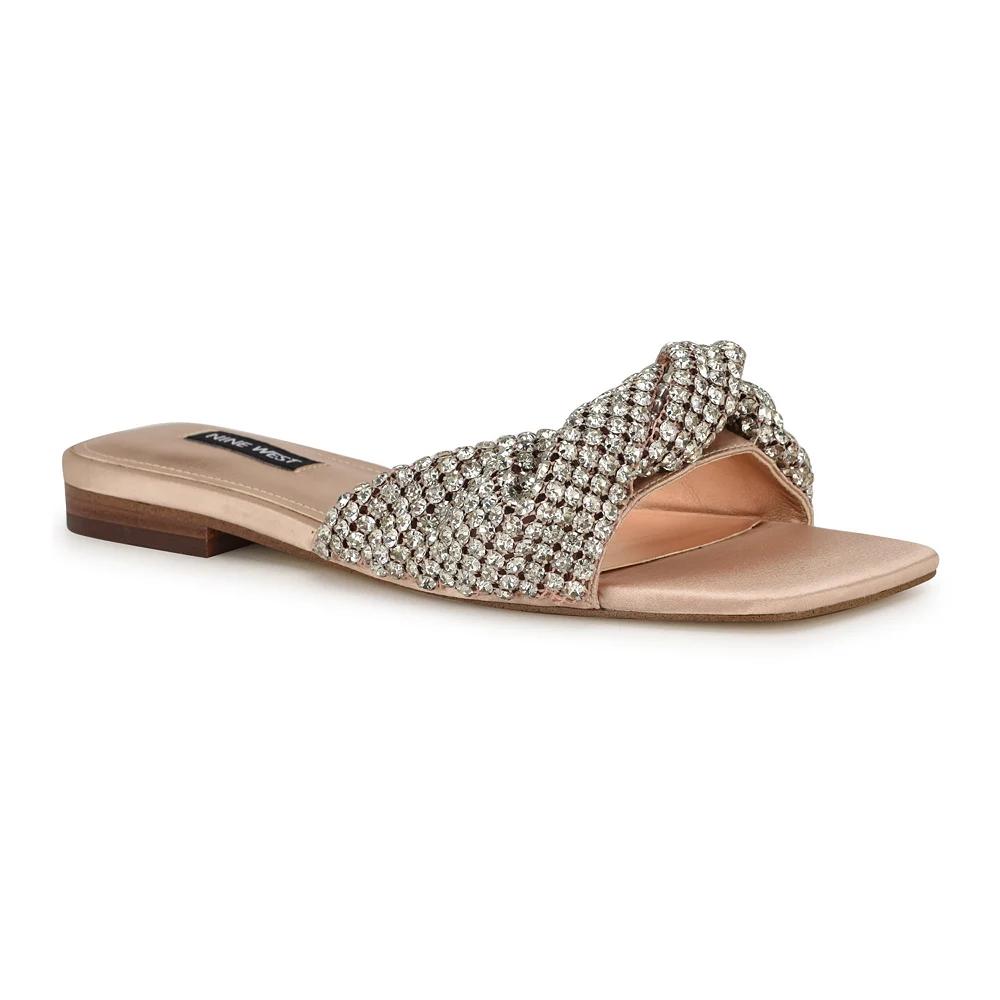 Nine West Mande Embellished Square Toe Women's Slip-On Sandals, Size: 11, Light Natural Satin Product Image
