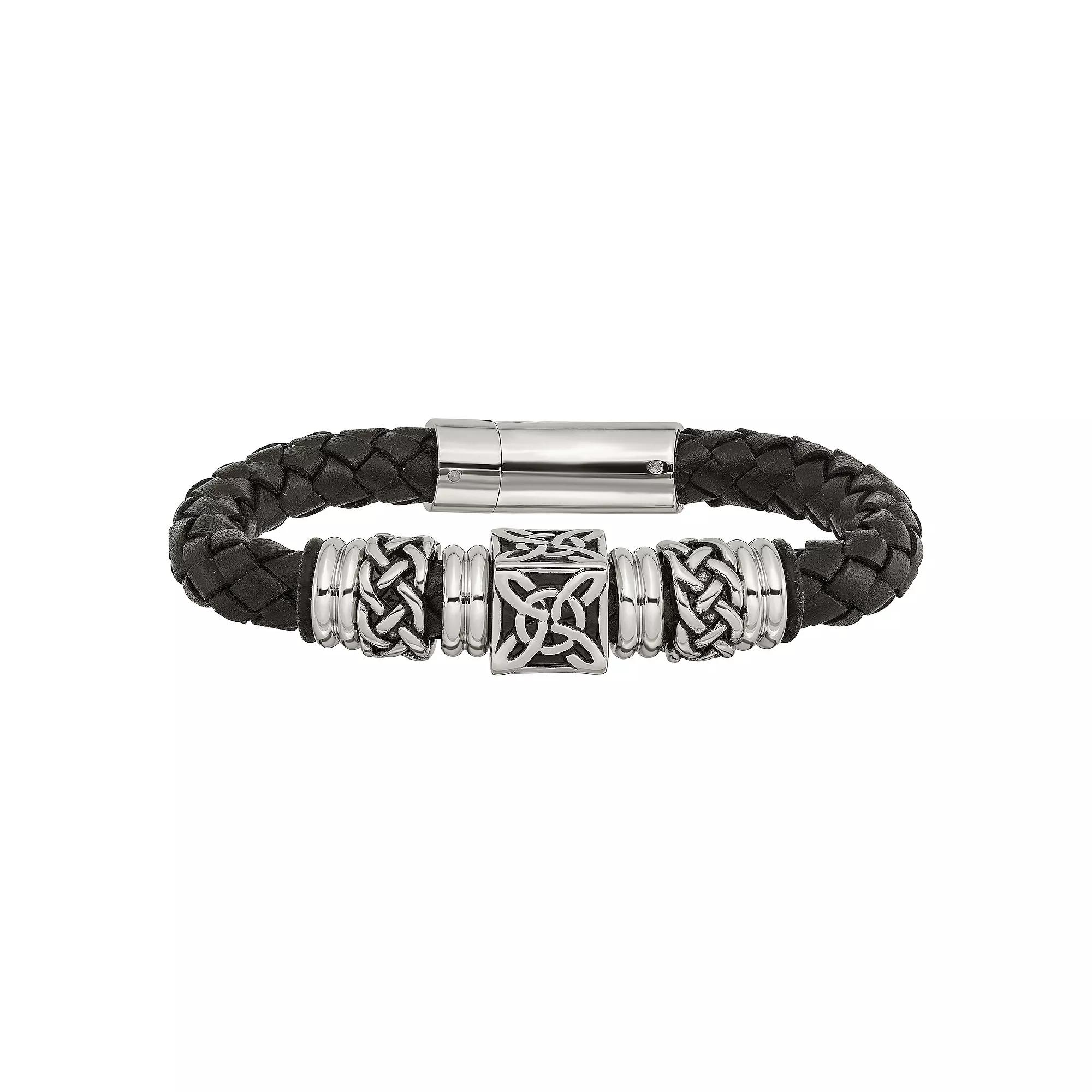 Men's Stainless Steel Antiqued Beads & Black Leather Bracelet, Size: 8.5" Product Image