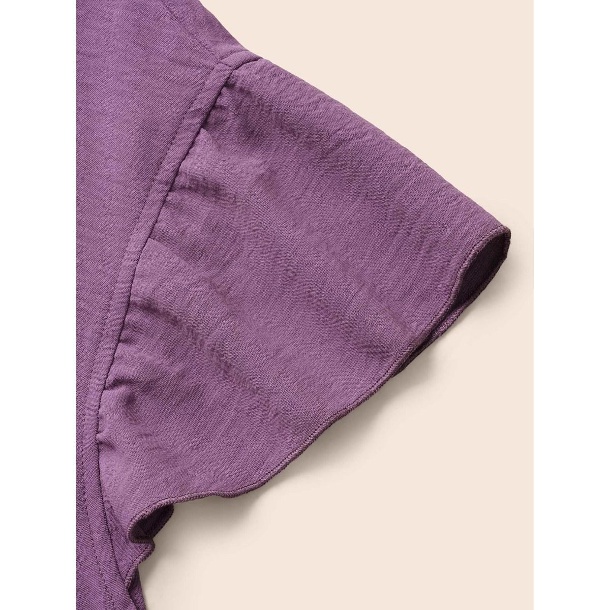 Plus Size Mauve Solid Gathered Flutter Trim Blouse Women Elegant Cap Sleeve Round Neck Dailywear Blouses BloomChic 10/M Product Image