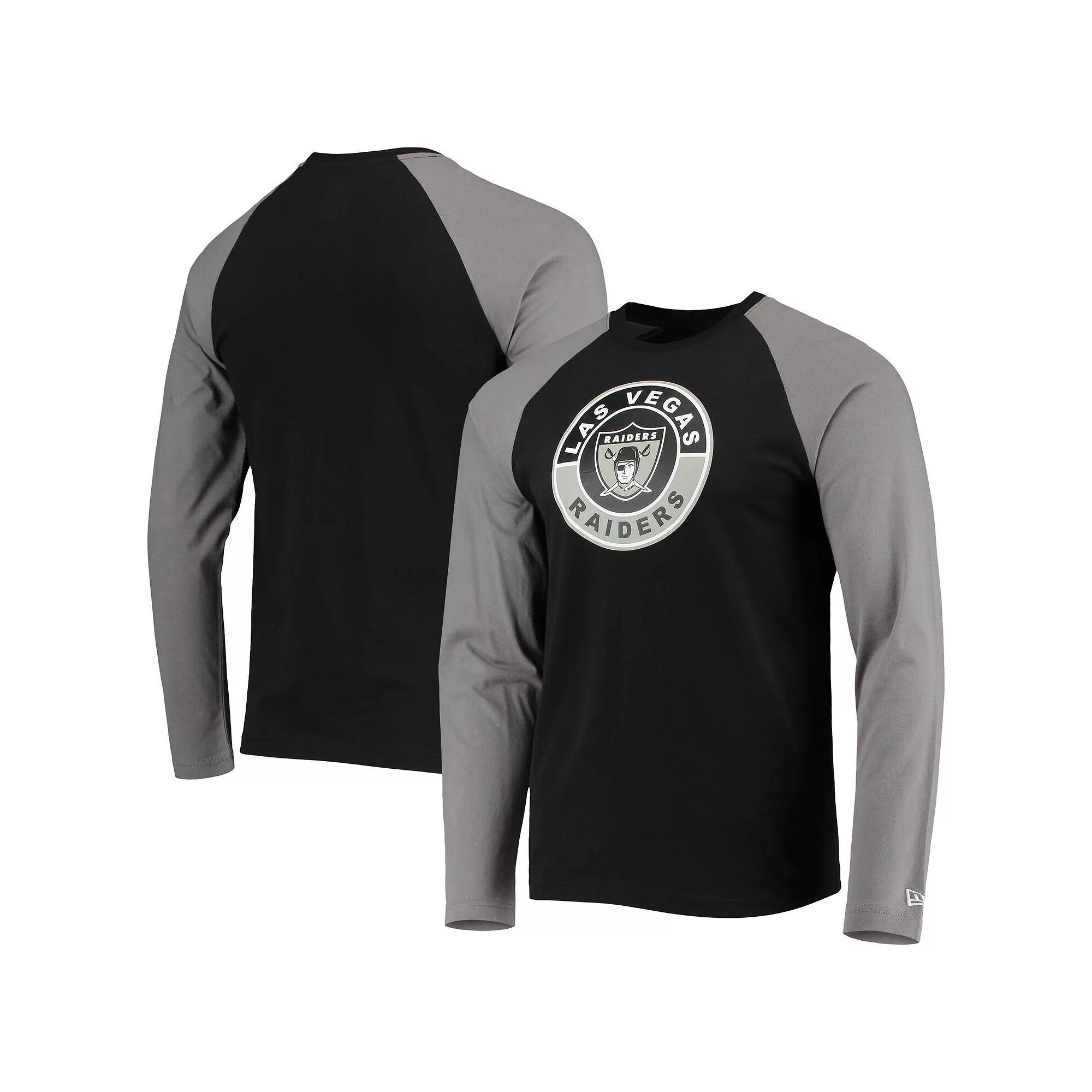 Men's New Era Black/Gray Las Vegas Raiders League Raglan Throwback Long Sleeve T-Shirt,  Product Image