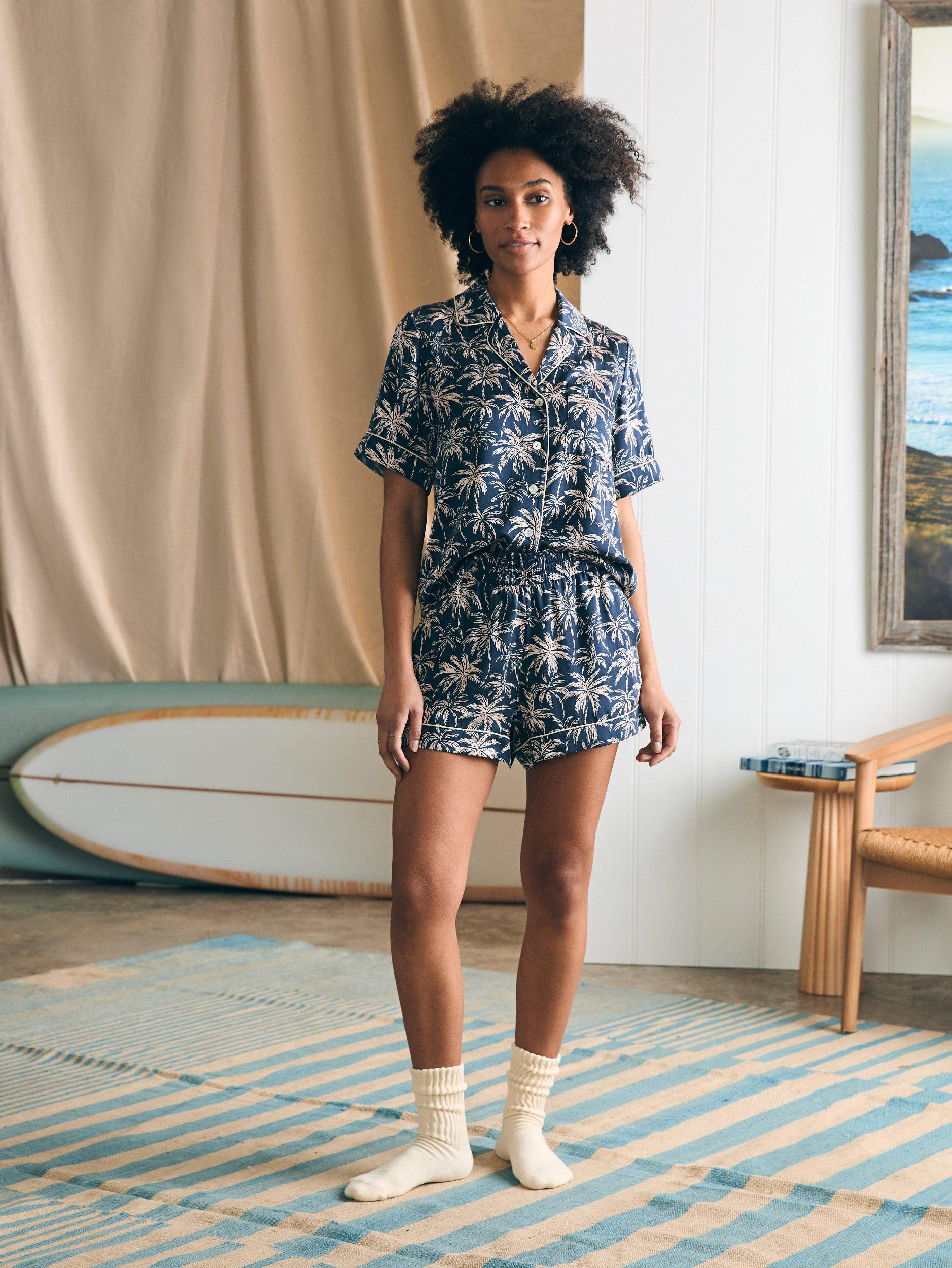 Sandwashed Silk Short Sleeve Pajama Set - Navy Tropic Trees Female Product Image