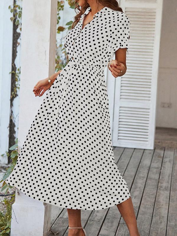 A-Line High Waisted Buttoned Drawstring Polka-Dot V-Neck Midi Dresses Product Image