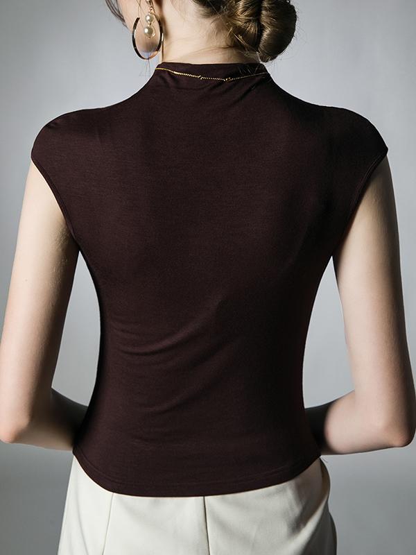 Skinny Pleated Solid Color Mock Neck T-Shirts Tops Product Image