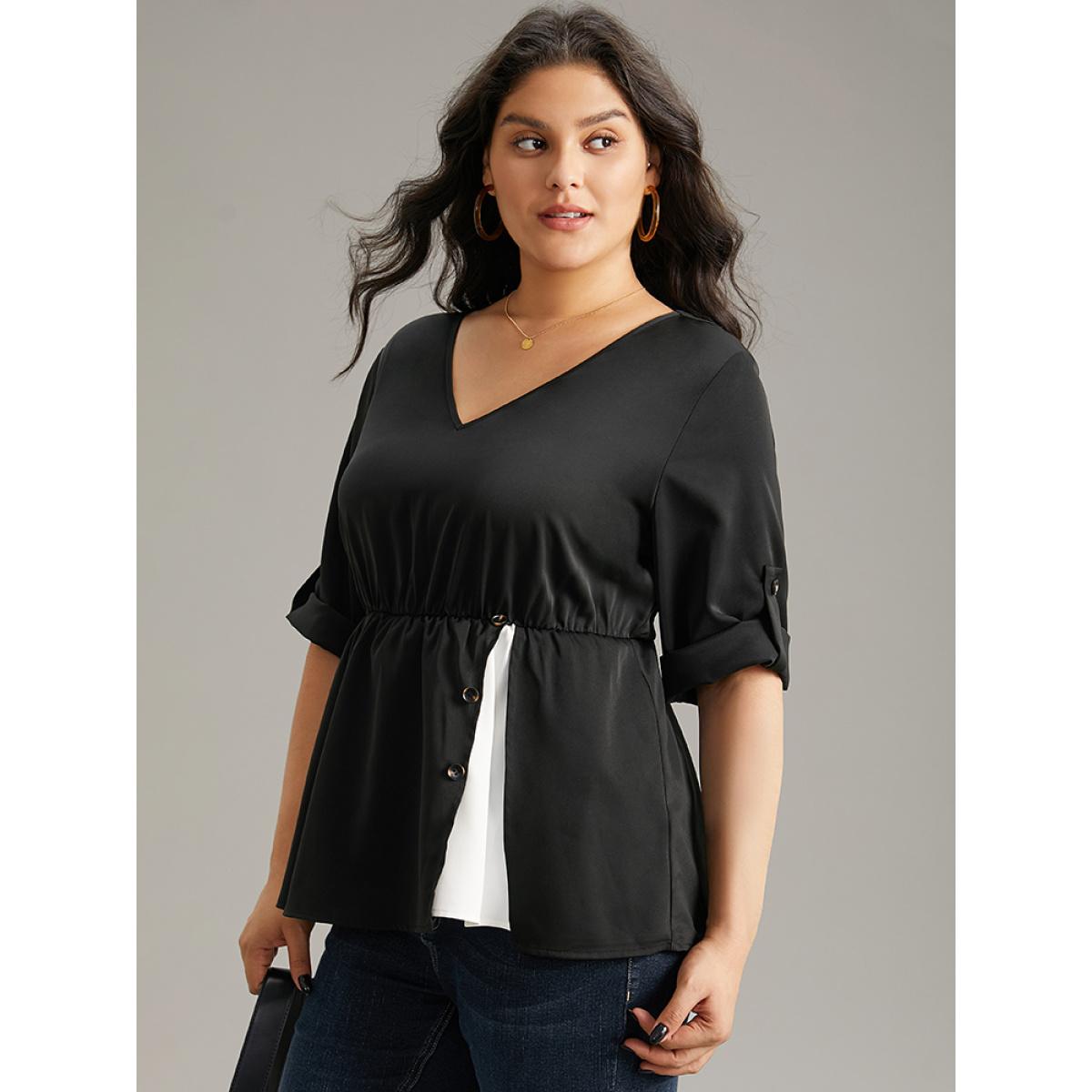 Plus Size Black Contrast Button Detail Tab Sleeve Blouse Women At the Office Elbow-length sleeve V-neck Office Blouses BloomChic 10/M Product Image