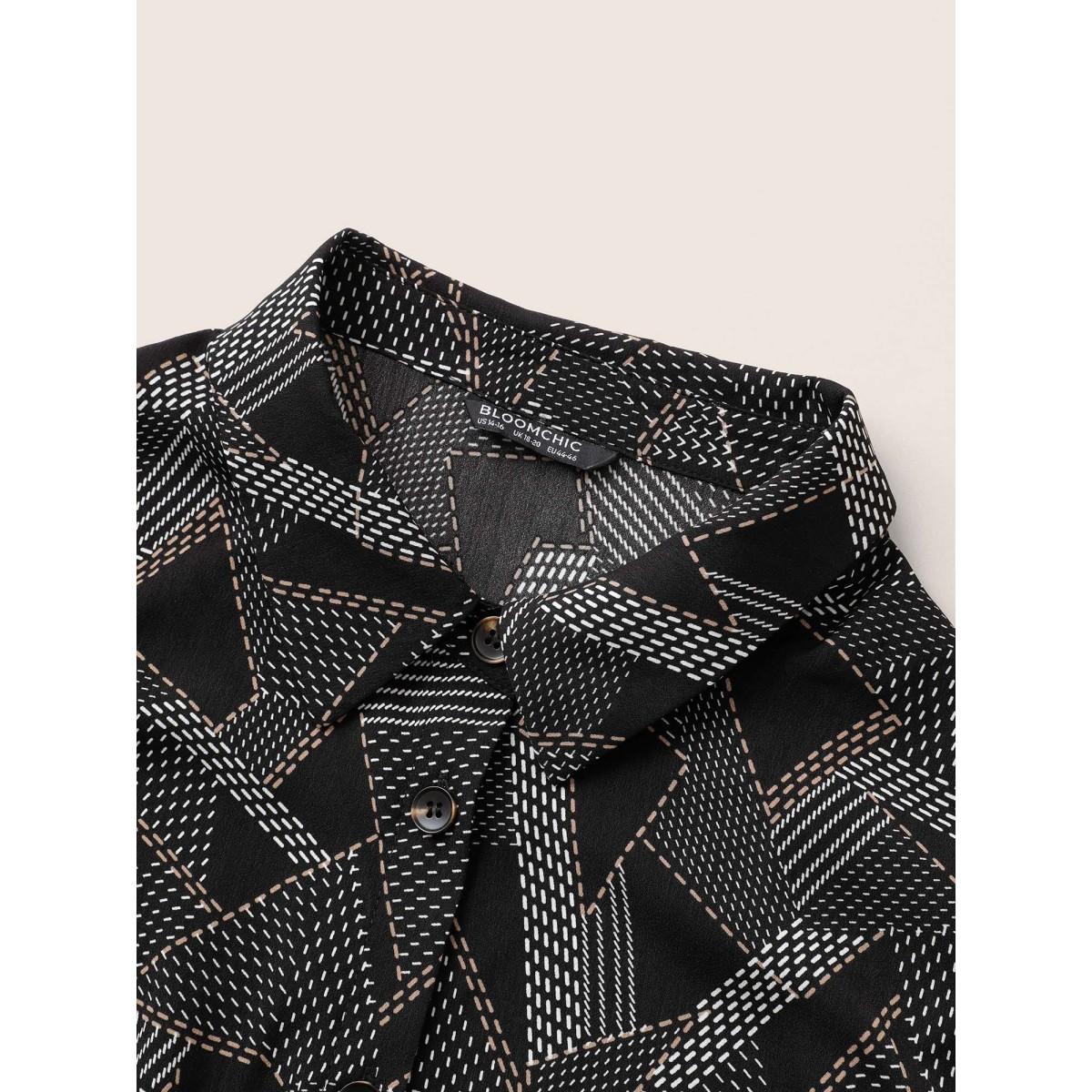 Plus Size Black Shirt Collar Geometric Tab Sleeve Blouse Women At the Office Elbow-length sleeve Shirt collar Work Blouses BloomChic 12/L Product Image