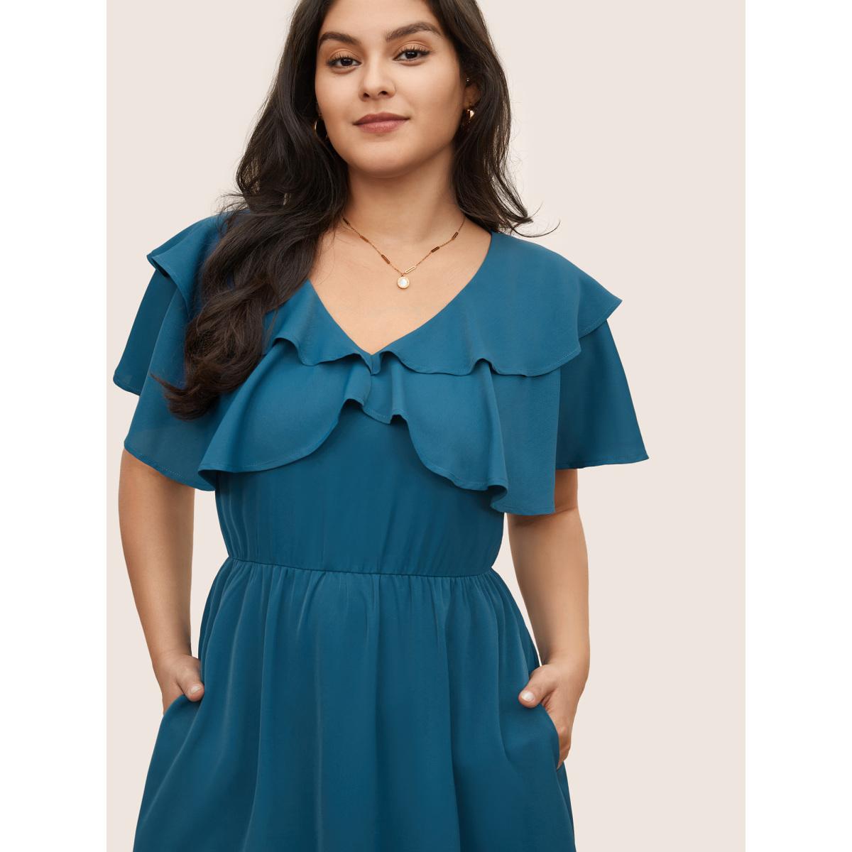 Plus Size Tiered Ruffle Cap Sleeve Asymmetrical Hem Dress Aegean Women Elegant Non V-neck Cap Sleeve Curvy Midi Dress BloomChic 18-20/2X Product Image