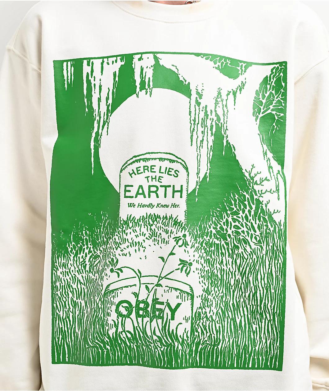 Obey Here Lies The Earth Beige Crewneck Sweatshirt Product Image