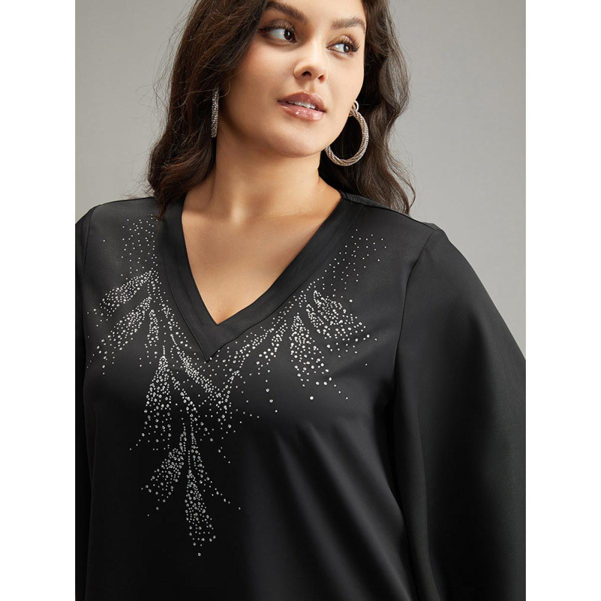 Plus Size Black Twill Rhinestone V Neck Ruffle Sleeve Blouse Women Glamour Elbow-length sleeve V-neck Going out Blouses BloomChic 26/4X Product Image